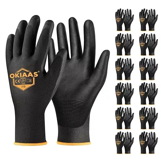 OKIAAS Men's Ultra-Thin and Lightweight Working Gloves with Grip, 12 Pairs, Black, Small