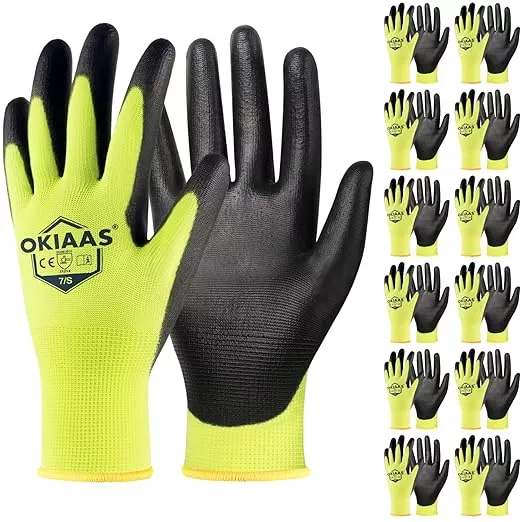 OKIAAS Work Gloves for Men, Ultra Thin and Lightweight with Grip, 12 Pairs Bulk Pack Construction Gloves with Polyurethane Coating, Safety Gloves for Light Duty Work (Green, Medium)