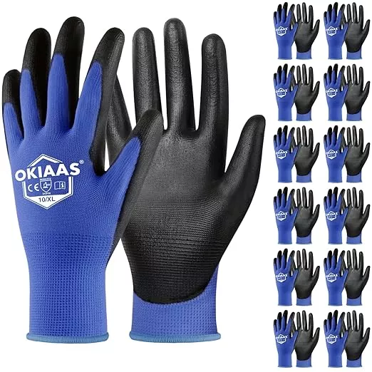 OKIAAS Work Gloves for Men，Ultra Thin and Lightweight Working Gloves with Grip, 12 Pairs Bulk Pack Construction Gloves with Polyurethane Coating for Light Duty Work (Black, XX-Large)