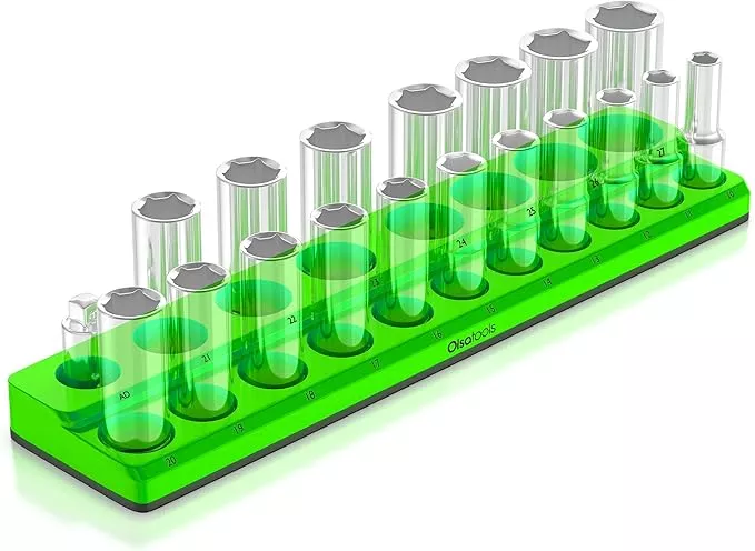 Olsa Tools Magnetic Socket Holder | 1/2-inch Drive | Metric | Green | Holds 19 Sockets | Professional Quality Tools Organizer