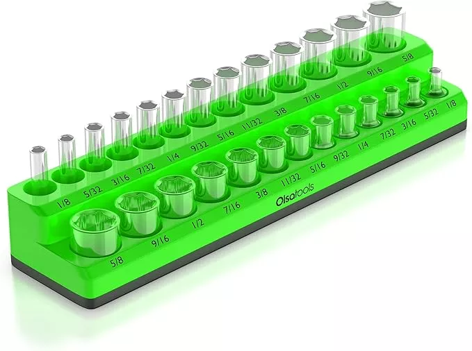 Olsa Tools Magnetic Socket Organizer | 1/4-inch Drive | SAE | Green | Holds 26 Sockets | Professional Quality Tools Organizer