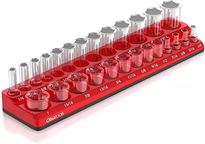 Olsa Tools Magnetic Socket Organizer | 3/8-inch Drive | SAE | RED | Holds 26 Sockets | Professional Quality Tools Organizer