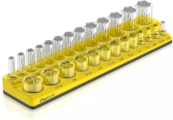 Olsa Tools Magnetic Socket Organizer | 3/8-inch Drive | SAE | Yellow | Holds 16 Sockets | Professional Quality Tools Organizer
