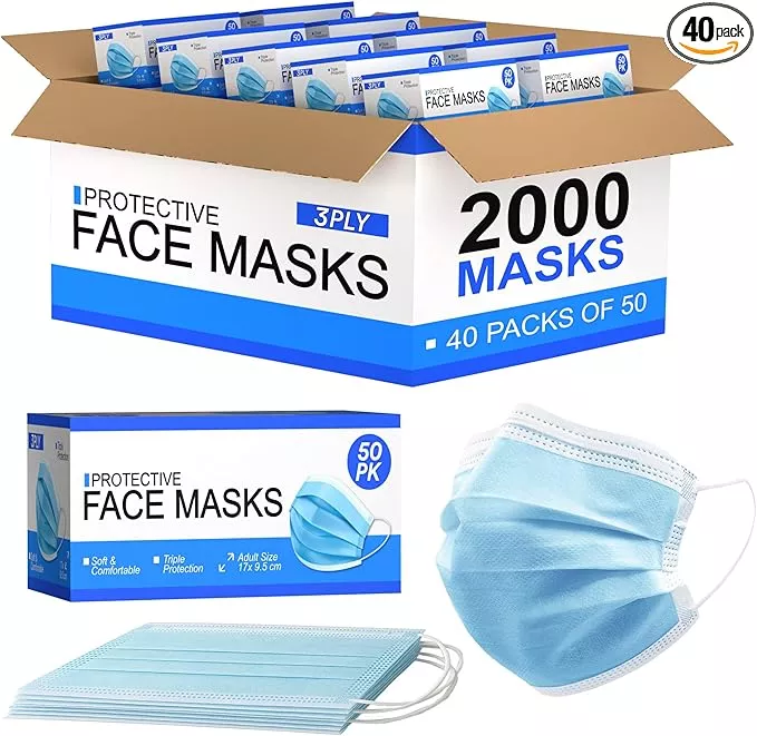 [Pack of 2000] Fuye Blue Disposable Face Masks | Protective 3-Ply Breathable Comfortable Nose/Mouth Coverings for Home & Office | Elastic Ear Loop 3-Layer Safety Shield for Adults/Kids.