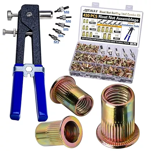 Pressure Rivet Nut Tool Kit, 430Pcs Metric Rivet Nut Combination (M8/M6/M5/M4/M3), Suitable for Furniture, Decoration, Automotive, Marine and Industrial Applications
