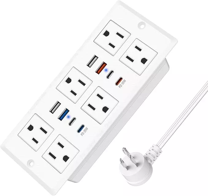 Recessed Power Strip with PD 30W Fast Charging, Conference Desk Flush Mount Outlets Plug in 6 Outlets & 8 USB Ports,3FT Cord Furniture Drawer Outlet White