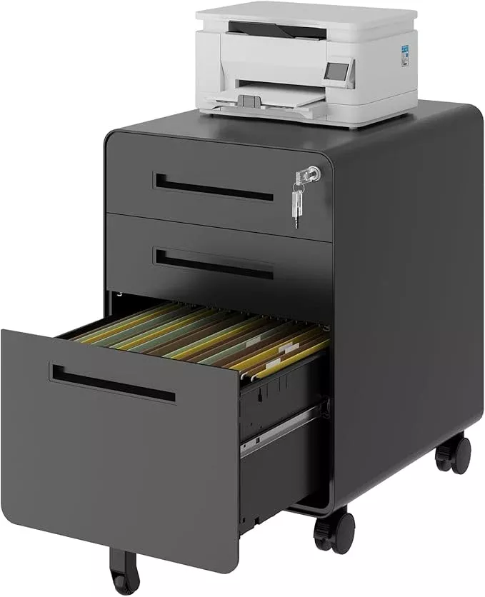 Rolling File Cabinet with Lock, 3 Drawer Metal Mobile Filing Cabinet Office Under Desk for Legal/Letter Size, Fully Assembled Except Casters
