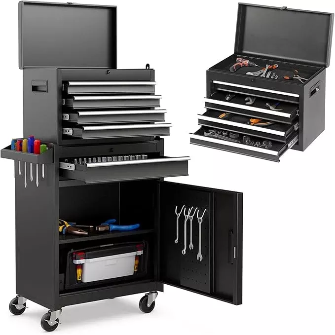 Rovibek Rolling Tool Chest, 5-Drawer Rolling Tool Box with Wheels,Detachable Top Box, Metal Tools Box for Garage Workshop Warehouse, Heavy-Duty Tool Storage Cabinet, Black
