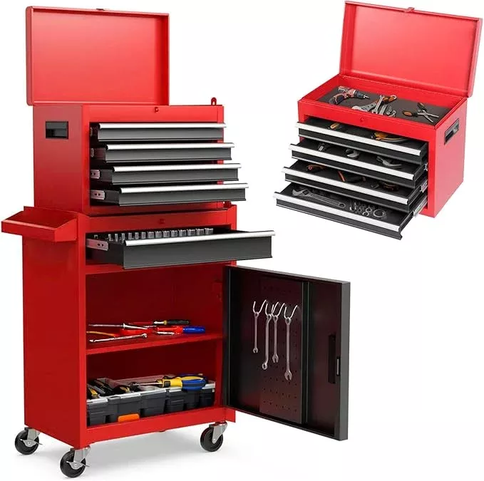 Rovibek Tool Chest, 5-Drawer Metal Tool Box with Wheels, Rolling Tool Chest with Foam Packaging, Lockable Wheels, Detachable Top Tool Box, Tool Storage Cabinet for Garage Workshop Warehouse, Pure Red