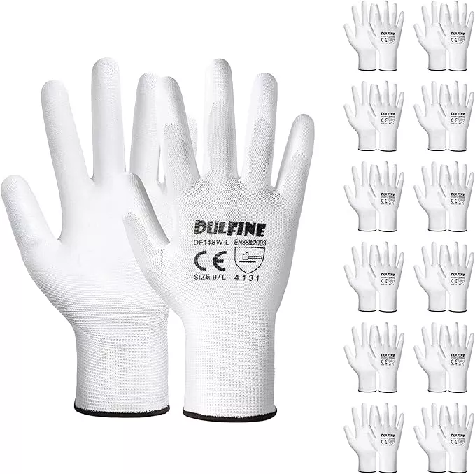 Safety Work Gloves PU Coated-12 Pairs,White Seamless Knit Glove with Polyurethane Coated Smooth Grip on Palm & Fingers, for Men and Women, Ideal for General Duty Work (X-Large)