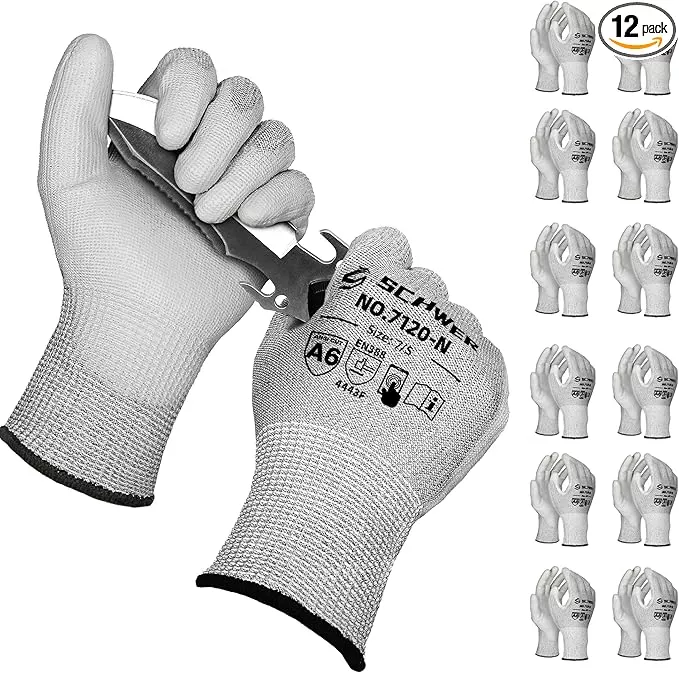 Schwer 12 Pairs ANSI A6 Cut Resistant Gloves CR7120 Cut Proof Work Gloves, Touchscreen, for Men and Women Used for Woodworking, Glass Cutting, Construction, Cargo Handling, Car Repair, XL