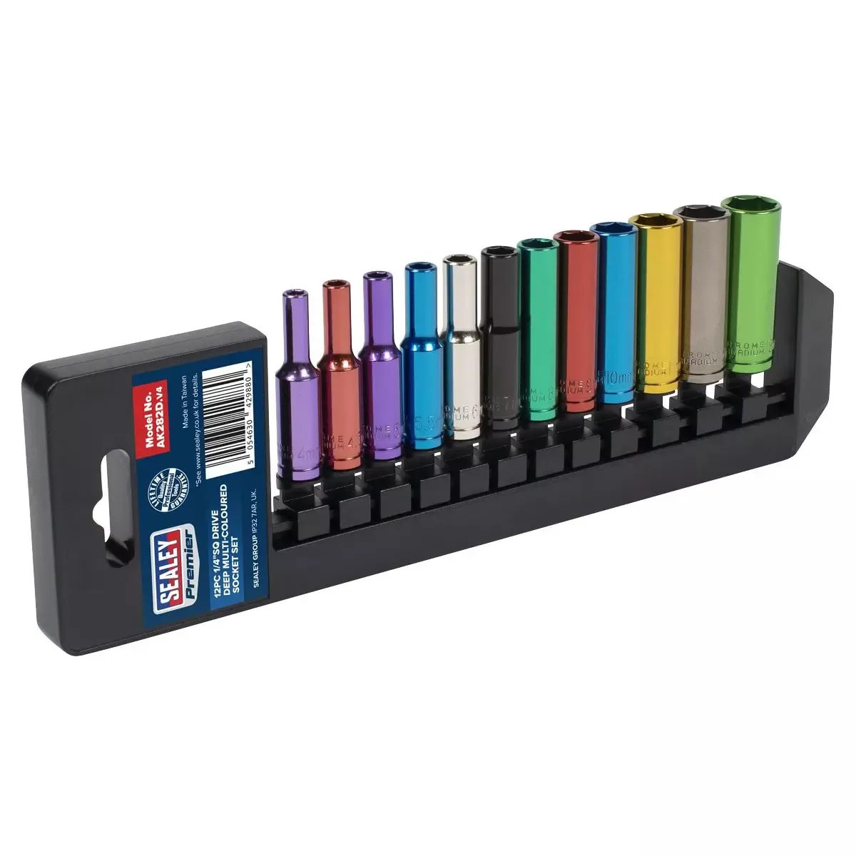 Sealey 12 Piece 1/4" Drive Coloured Deep Socket Set 4-13mm WallDrive