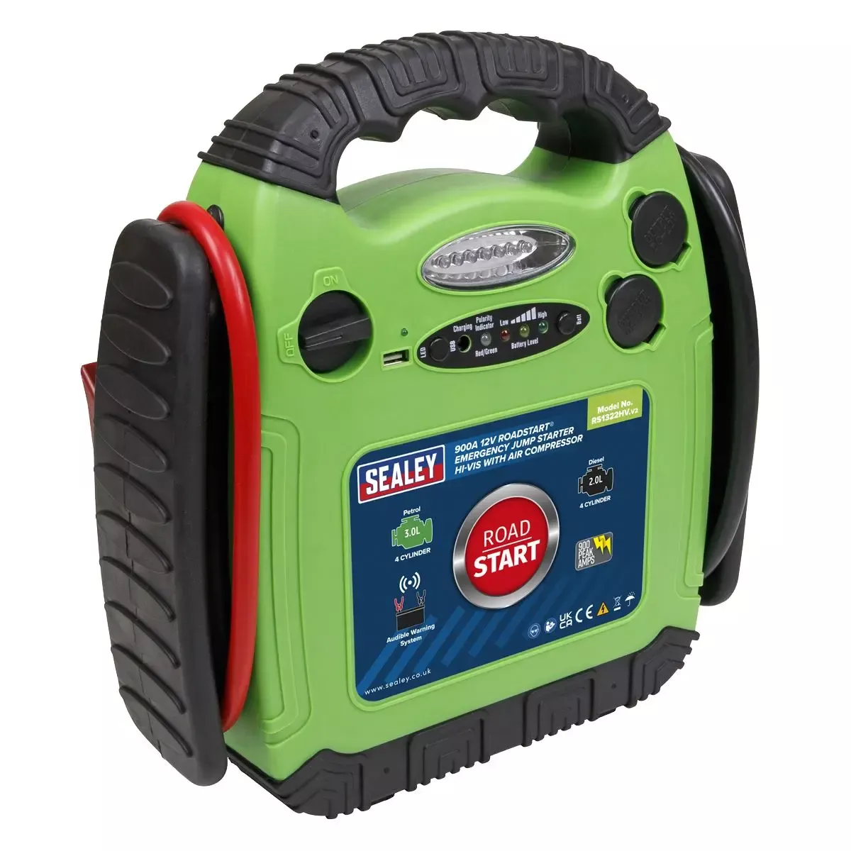 Sealey 12V RoadStart Emergency Power Pack 900 Peak Amps with Air Compressor Hi-Vis