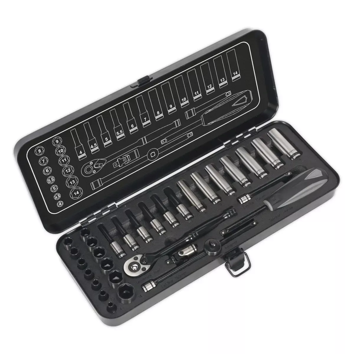 Sealey Premier Black 32 Piece 1/4" Drive Metric Socket Set WallDrive Ratchet Handle
