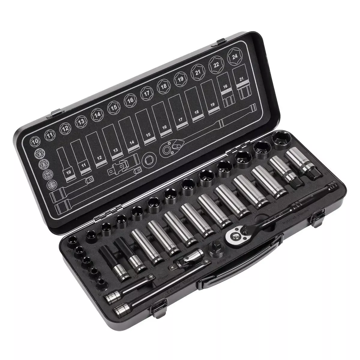 Sealey Premier Black 34 Piece 3/8" Drive Metric Socket Set WallDrive Ratchet Handle