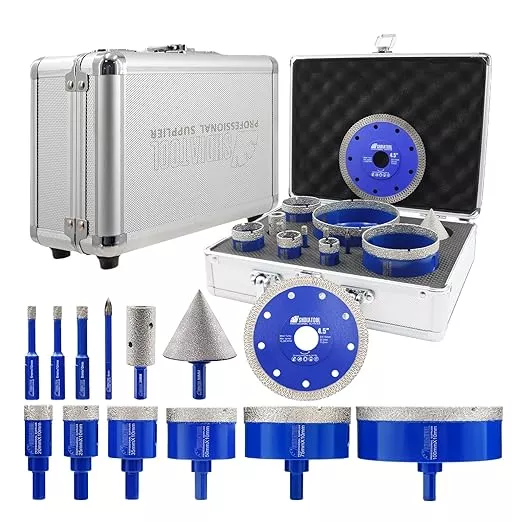 SHDIATOOL Diamond Tile Drill Bits Kit 13pcs, Porcelain Hole Saw Sets, Core Bits Cutter for Drilling Ceramic Marble Granite (6/8/10/20/25/28/32/35/45/65MM/2/4.5"/6MM)