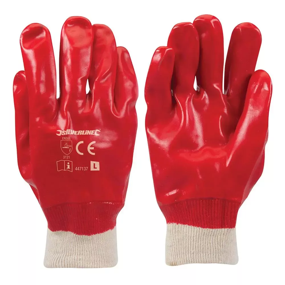 Silverline Red PVC Gloves Protective Work Grease Oil Repellent