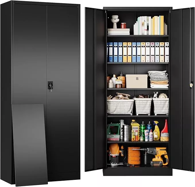 SISESOL Metal Storage Cabinet with 2 Doors and 6 Shelves,71" Lockable Garage Storage Cabinet,Black Metal Cabinets with Lock,Locking Steel Cabinets for Home,Office,Garage,Shop,School
