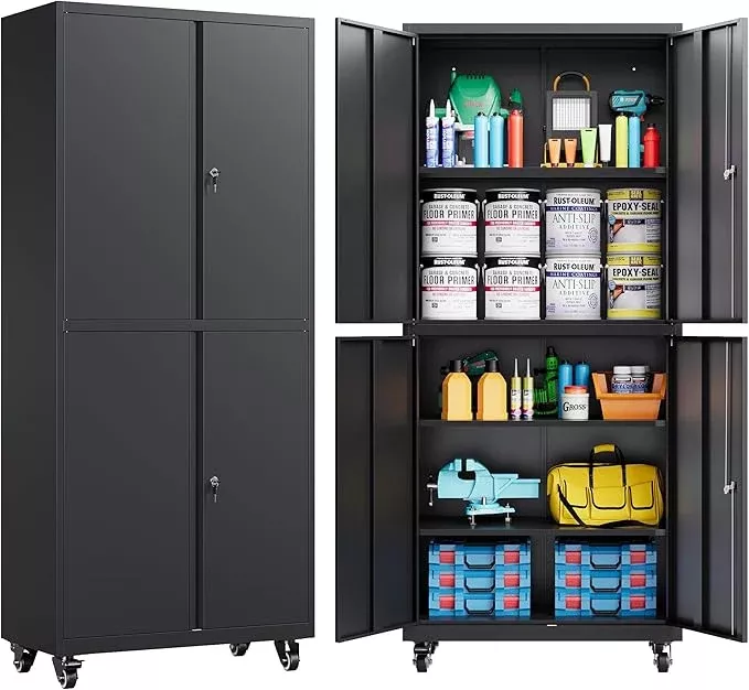 SISESOL Metal Storage Cabinet with Wheels,73" Rolling Garage Storage Cabinet with Lock,Black Metal Cabinets with Shelves and 4 Doors,Tall Tool Cabinets on Wheels for Garage,Home,Office,Shop