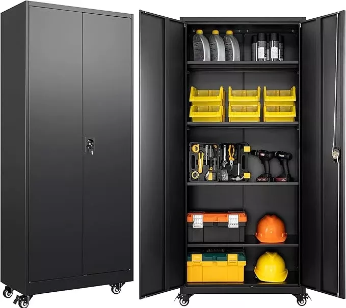 SISESOL Metal Storage Cabinet with Wheels,75 inch Tall Rolling Garage Storage Cabinet with Lock,Black Metal Cabinets with Wheels and Shelves,Deep Heavy Duty Tool Locker for Garage,Home,Office,Shop