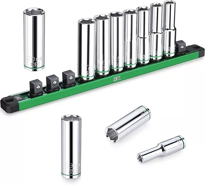 SK 1/2" Drive Socket Set, Deep Metric Sockets, 11-Piece 10-20mm, SuperKrome Finish, Premium CR-V Construction, with Aluminum Socket Organizer