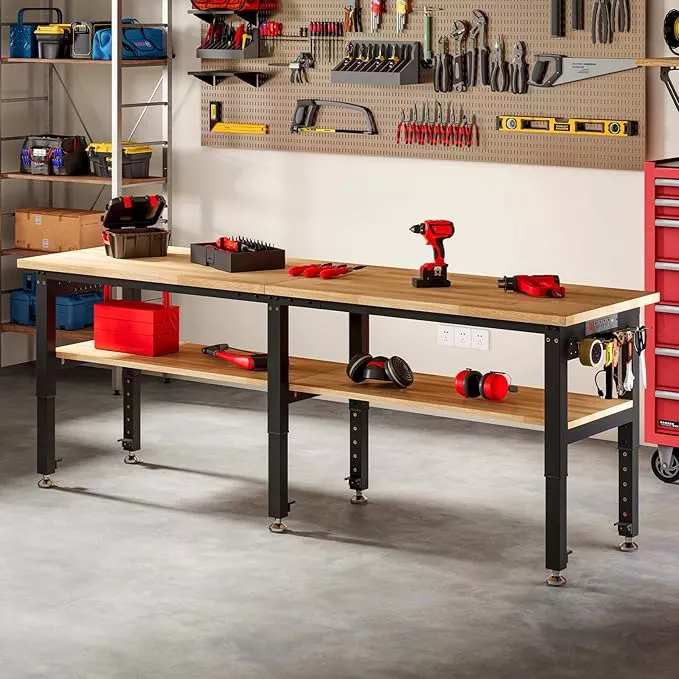 SPECRAFT Adjustable 2-Tier Workbench with 4 AC Outlet and 2 USB Ports Power Outlets, 2000 Lbs Capacity Heavy Duty Workbench, Rubber Wood Top for Garage, Workshop, Office(84x20in)