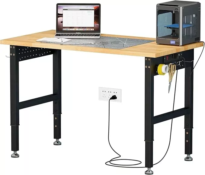SPECRAFT Adjustable Heavy Duty Workbench with 4 AC Outlet and 2 USB Ports Power Outlets, 2000 Lbs Capacity, Rubber Wood Top for Garage, Workshop, Office