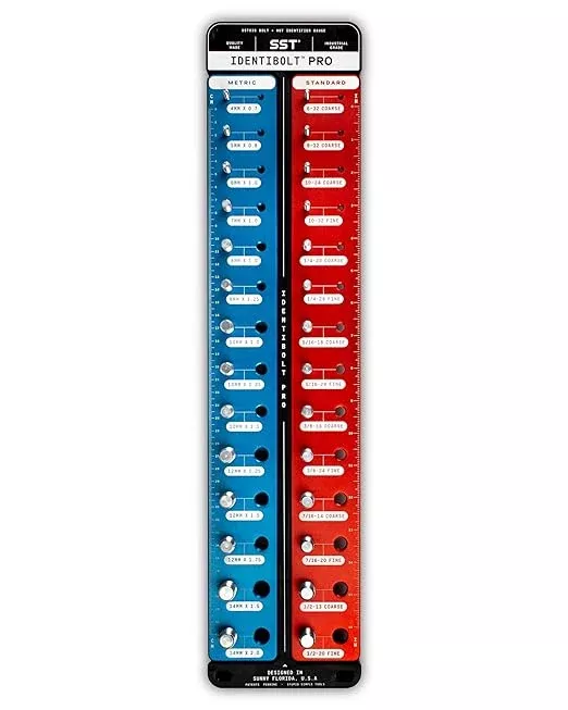 SST - Identibolt PRO - Thread Checker with Magnetic Wall Mount - 28 Nut & Bolt Identifier Gauge - Measures #6 to ½ & 4mm to 14mm - Tight Tolerance & Industrial Grade Precision - Designed in The USA