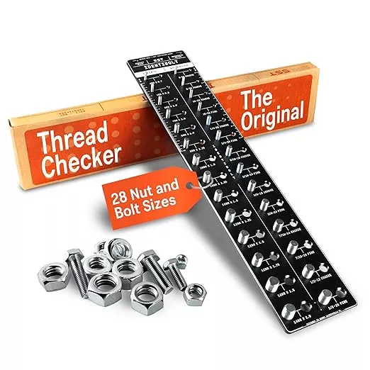 SST - Original Identibolt - Precise Threadchecker and Wall Mount - Imperial SAE and Metric Threads - 28 Nuts & Bolts Identifier - from #6 to ½ & 4mm to 14mm - in. and Cm. Rulers - Made in USA