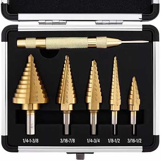 Step Drill Bit Set, 6Pcs HSS Titanium Step Bits with Automatic Center Punch, 50 Sizes Step Drill Bit for Metal, Wood with Aluminum Case