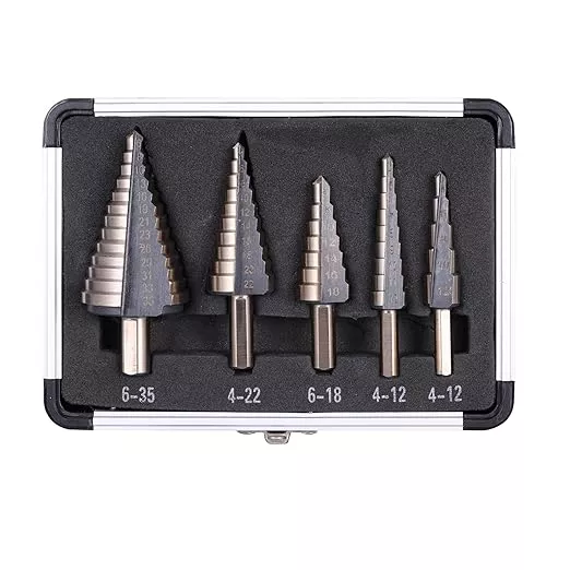 Step Drill Bits, 5PCS (44 Sizes) Metric HSS Step Unibit Drill Bit Set with Aluminum Case, Double Cutting Blades, High-Speed Steel, Multiple Hole Stepped Up Bits for DIY Lovers