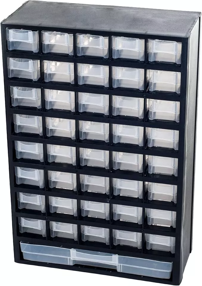 Storage Bin with Drawers - 41-Drawer Plastic Tool Organizer - Hardware or Craft Cabinet for Storing Beads, Toys, or Nuts and Bolts by Stalwart (Black)