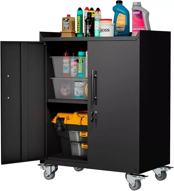 Storage Cabinet with Wheels,Locking Storage Cabinet with Drawer and Adjustable Shelf, Metal Cabinet,Rolling Tool Cabinets for Garage, Assembly Required (18.1" D x 30.3" W x 35.4" H)