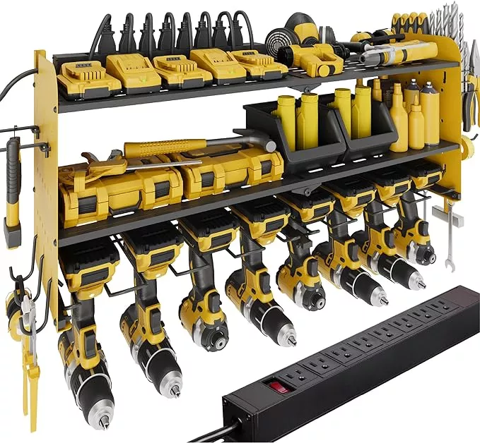 Suchtale Power Tool Organizer with Charging Station,33.2''Garage 8 Drill Holders Wall Mount,3 Layers Heavy Duty Metal Tool Shelf with 8 Outlets Power Strip, Gift for Men, Father, Orange