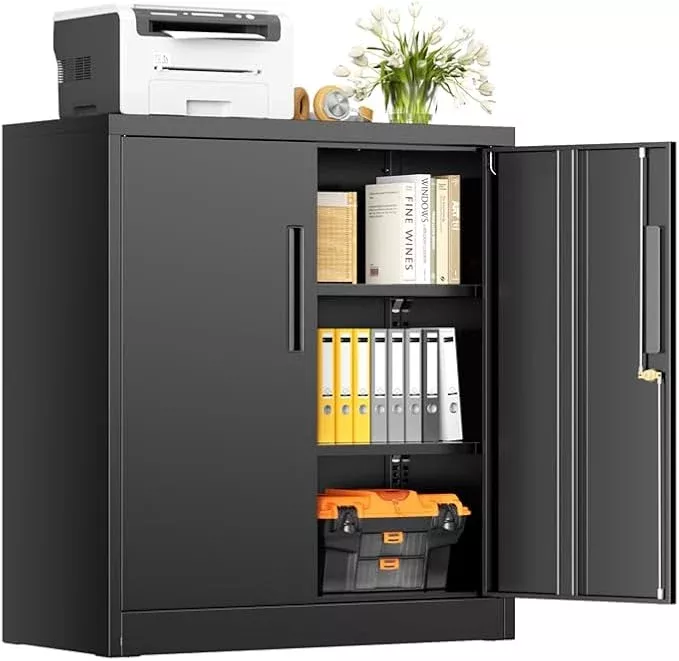 SUNCROWN Metal Storage Cabinets, 36”Locking Cabinet with Doors and Adjustable Shelves, Steel Utility Tool Garage Cabinets for Home, Office, Kitchen,Warehouse （Grey & White）