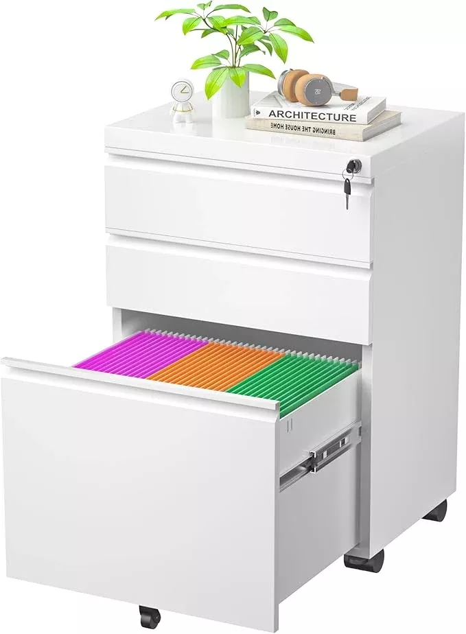 Superday 3 Drawer Mobile Locking File Cabinet, Metal Rolling Vertical File Cabinet with Drawers, Small Under Desk Lateral Cabinets for Office and Home, Fully Assembled Except