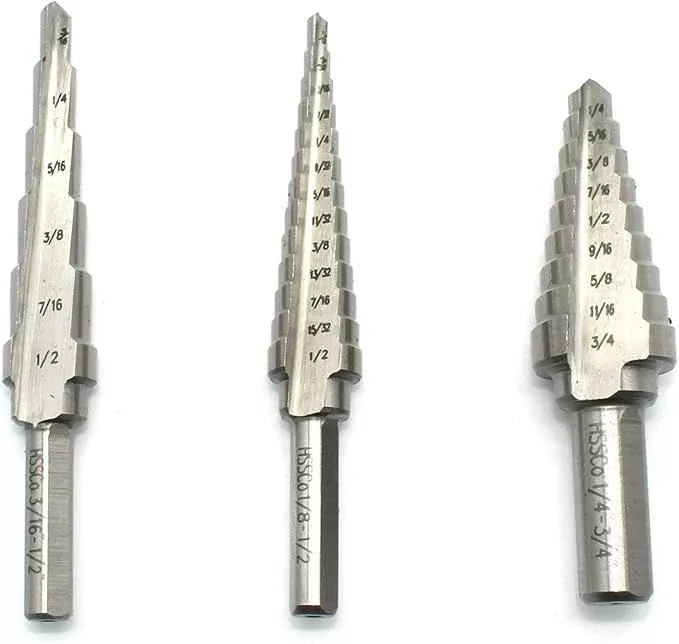 TEMO 3 pc M35 Cobalt Two Flute Step Drill Total 28 Step: 3/16 Inch - 1/2 Inch 6 Step, 1/4 Inch -3/4 Inch 9 Step, 1/8 Inch -1/2 Inch 13 Step
