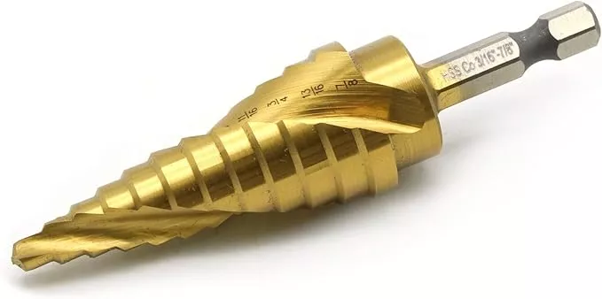 TEMO M35 Cobalt Spiral Flute Step Drill with Titanium Coating, 12 Sizes 3/16 Inch (4.8 mm) to 7/8 Inch (22.2 mm), 1/4 Inch Hex Shank