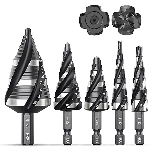 THINKWORK Four Spiral Flute Step Drill Bit Set (Metric), 5 Pcs HSS Step Drill Bits (4mm-35mm) Unibit Step Drill Bit, 6mm and 10mm Shank Step Bits for Aluminum, Wood, Plastic, Metal