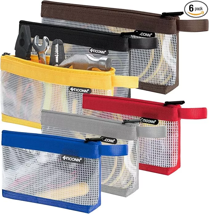 TICONN Tool Pouch, 1680D Oxford Small Tool Bag, Tool Pouches with Zipper, Clear Utility Bag Zipper Pouch for Tool Organizers and Storage (6PK Combo)