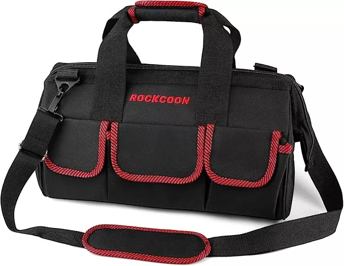Tool Bag 16'', Multi-pocket Tool Organizer with Shoulder Strap, Heavy Duty Tote with for Tool Storage, Black & Red