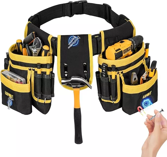 Tool Belt,Magnetic Tool Pouch,27-Pockets Heavy Duty Padded Tool Belts for Men,Detachable & Adjustable Tool Pouch Bag for Electrician,Carpenter,Construction,Work Apron,Utility Belt,Black,Blue