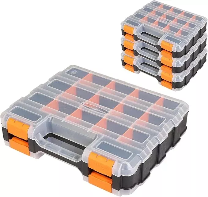 Tool Box with Transparent Lid, Double Side 34-Compartments Organizer Box with Removable Dividers for Hardware, Screws, Bolts, Nails, Beads, Jewelry and Fishing Accessories, Green, 2 Pack