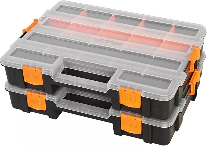 Tool Box with Transparent Lid, Single Side 17-Compartments Organizer Box with Removable Dividers for Hardware, Screws, Bolts, Nails, Beads, Jewelry and Fishing Accessories, Orange, 2 Pack