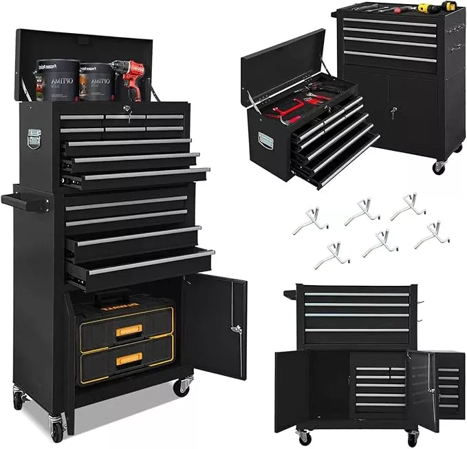 Tool Chest 13-Drawer with Double Door and wheels, Large Detachable Toolbox with Sliding Drawers, Mechanic Tool Box Storage Cabinets, Metal Tool Cart for Garage Workshop (BLACK)