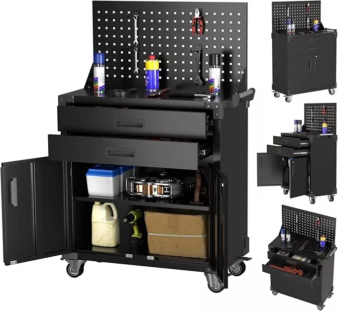 Tool Chest, Tool Cart with 2 Drawer and Lockable Doors, Garage Storage Cabinet with Wheels, Pegboard and 4 Hooks for Garage, Workshop, Metal Tool Storage Cart