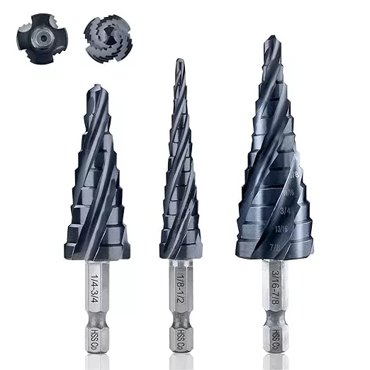 toolant Four Spiral Flute Cobalt Step Drill Bit Set(Pro Max), 1/8"-7/8"(3pcs) Impact Ready Unibit Step 1/4" Hex Shank Step Bits for Metal, Stainless Steel, Aluminum, Wood, Plastic