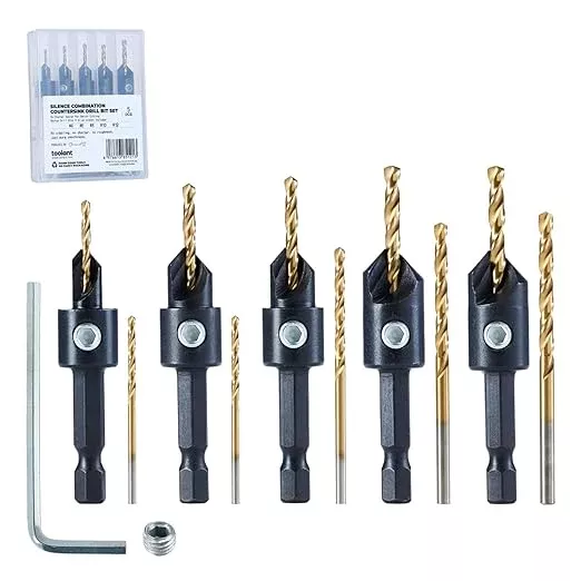 toolant Silence Combination Countersink Drill Bits Set, #4, #6, #8, #10, #12, High-Speed Steel Counter Sink Drill Bit Adjustable for US Wood Screw with Storage Case
