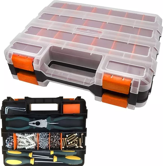 Tools Organizer Box Small Parts Storage Box 50-Compartment Double Side Hardware Organizers with Removable Plastic Dividers for Screws, Nuts, Nails, Bolts, Blue