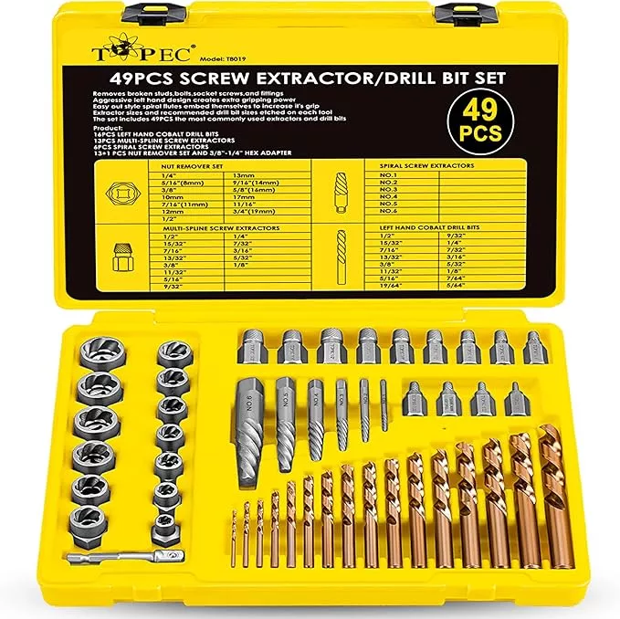Topec 49pcs Screw Extractor/Drill Bit Set, Professional Remove Set for Removing Broken Studs, Bolts, Socket Screws and Fittings